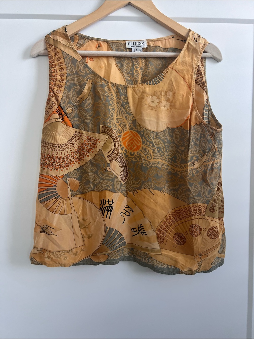 Vintage CITRON Santa Monica 100% Silk Asian Fan Print Sleeveless Top Blouse L - Picture 6 of 7